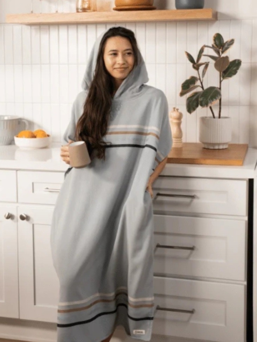 Hooded Wearable Poncho in Light Gray with Stripe Detail